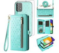 Asuwish Phone Case for Samsung Galaxy A52/A52S 5G Zipper Wallet Detachable Magnetic Cell Cover with Screen Protector Crossbody Strap Bling Flip Credit Card Holder A 52 S 4G G5 52A S52 52S Women Teal