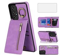 Asuwish Phone Case for Samsung Galaxy A53 5G Wallet Cover with Tempered Glass Screen Protector and Cell Zipper RFID Card Holder Slot Ring Kickstand A 53 G5 53A S53 SM A536U 6.5" 2022 Women Men Purple