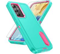 Asuwish Phone Case for Samsung Galaxy A54 5G with Tempered Glass Screen Protector Cover Hybrid Hidden Stand Rugged Shockproof Hard Heavy Duty Protective A545G A 54 54A 4G G5 SM A546U (Cyan+Rose Red)