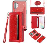 Asuwish Phone Case for Samsung Galaxy Note 10 Plus Note10+ 5G Zipper Wallet Cell Cover with Screen Protector Strap Bling Glitter Flip Card Holder Note10 + Notes 10+ Ten Not S10 10Plus Women Girls Red