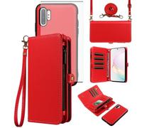 Asuwish Phone Case for Samsung Galaxy Note 10 Plus Note10+ 5G Zipper Wallet Detachable Cell Cover with Screen Protector Crossbody Lanyard Strap Flip Card Holder Slot Note10 + Notes 10+ Ten 10Plus Red