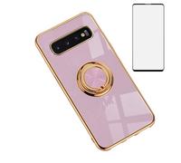 Asuwish Phone Case for Samsung Galaxy S10 Plus and Ring Holder Stand with Tempered Glass Screen Protector Cover Slim Soft Silicone Cell Accessories S10+ S10plus 10S Edge S 10 10plus Women Men Purple