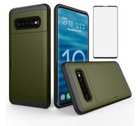 Asuwish Phone Case for Samsung Galaxy S10 with Tempered Glass Screen Protector Cover and Accessories Card Holder Slot Rubber Hybrid Silicone Cell Protective S 10 Edge 10S GS10 X10 Women Men Army Green