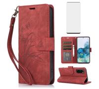 Asuwish Phone Case for Samsung Galaxy S20 FE 5G 6.5 inch Wallet Cover with Screen Protector Wrist Strap Card Holder Flower Cell S 20 EF UW 2022 S20FE5G S20FE 20S S2O Fan Edition 4G G5 Women Men Red