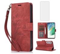 Asuwish Phone Case for Samsung Galaxy S21 5G 6.2 inch Wallet Cover with Tempered Glass Screen Protector Wrist Strap Credit Card Holder Flip Flower Stand Slot Cell Folio Purse S 21 21S G5 Women Men Red