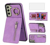 Asuwish Phone Case for Samsung Galaxy S21 FE 5G Wallet Cover with Screen Protector and Zipper RFID Card Holder Slot Ring Kickstand Accessories S 21 EF S21FE5G UW S21FE 21S G5 6.4 inch Women Men Purple