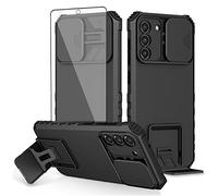 Asuwish Phone Case for Samsung Galaxy S21 FE 5G with Screen Protector and Slide Camera Cover Kickstand Stand Slim Protective Cell Accessories S 21 EF S21FE5G UW S21FE 21S G5 6.4 inch Women Men Black