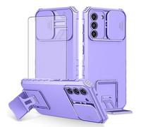 Asuwish Phone Case for Samsung Galaxy S21 FE 5G with Screen Protector and Slide Camera Cover Kickstand Stand Slim Protective Cell Accessories S 21 EF S21FE5G UW S21FE 21S G5 6.4 inch Women Men purple