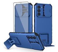 Asuwish Phone Case for Samsung Galaxy S21 FE 5G with Screen Protector and Slide Camera Cover Kickstand Stand Slim Protective Cell Accessories S 21 EF S21FE5G UW S21FE 21S G5 6.4 inch Women Men Blue