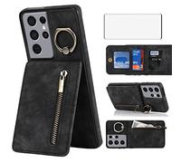 Asuwish Phone Case for Samsung Galaxy S21 Ultra 5G Wallet Cover with Screen Protector and Zipper RFID Card Holder Slot Ring Kickstand Accessories S21ultra 21S S 21 21ultra G5 Women Men Black