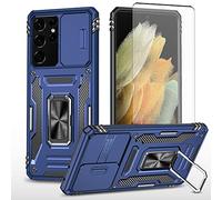 Asuwish Phone Case for Samsung Galaxy S21 Ultra 5G with Tempered Glass Screen Protector and Slide Camera Cover Magnetic Ring Holder Kickstand Cell Slim S21ultra 21S S 21 21ultra G5 Women Men Navy Blue