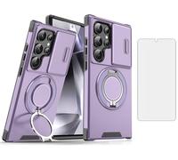 Asuwish Phone Case for Samsung Galaxy S21 Ultra 5G with Tempered Glass Screen Protector Cover and Magnetic Ring Holder Kickstand Slide Camera Cell Hybrid S21ultra 21S S 21 21ultra G5 Women Men Purple