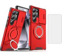 Asuwish Phone Case for Samsung Galaxy S21 Ultra 5G with Tempered Glass Screen Protector Cover and Magnetic Ring Holder Kickstand Slide Camera Cell Hybrid S21ultra 21S S 21 21ultra G5 Women Men Red