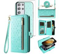 Asuwish Phone Case for Samsung Galaxy S21 Ultra 5G Zipper Wallet Detachable Cell Cover with Screen Protector Crossbody Strap Bling Flip Credit Card Holder S21ultra 21S S 21 21ultra G5 Women Girls Teal