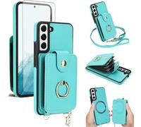 Asuwish Phone Case for Samsung Galaxy S22 5G Magnetic Wallet Cover Detachable and Screen Protector Ring Kickstand Compatible with MagSafe RFID Blocking S 22 22S 4G G5 6.1 inch for Women Men Teal