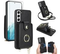 Asuwish Phone Case for Samsung Galaxy S22 5G Magnetic Wallet Cover Detachable and Screen Protector Ring Kickstand Compatible with MagSafe RFID Blocking S 22 22S 4G G5 6.1 inch for Women Men Black