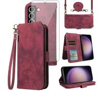 Asuwish Phone Case for Samsung Galaxy S23 5G Wallet Cell Cover with Tempered Glass Screen Protector Crossbody Lanyard Strap Flip Credit Card Holder S 23 23S GS23 G5 SM-S911U 6.1 inch Women Men Red