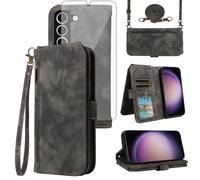 Asuwish Phone Case for Samsung Galaxy S23 5G Wallet Cell Cover with Tempered Glass Screen Protector Crossbody Lanyard Strap Flip Credit Card Holder S 23 23S GS23 G5 SM-S911U 6.1 inch Women Men Black