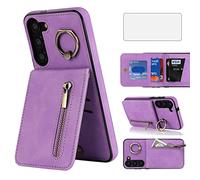 Asuwish Phone Case for Samsung Galaxy S23 5G Wallet Cover with Tempered Glass Screen Protector and Cell Zipper RFID Card Holder Slot Ring Kickstand S 23 23S GS23 G5 SM-S911U 6.1 inch Women Men Purple