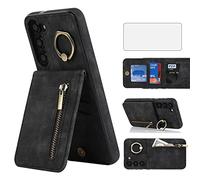 Asuwish Phone Case for Samsung Galaxy S23 5G Wallet Cover with Tempered Glass Screen Protector and Cell Zipper RFID Card Holder Slot Ring Kickstand S 23 23S GS23 G5 SM-S911U 6.1 inch Women Men Black