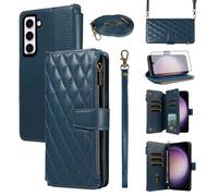 Asuwish Phone Case for Samsung Galaxy S23 5G Wallet Cover with Tempered Glass Screen Protector and Flip Card Holder Slot Protective Cell Accessories S 23 23S GS23 G5 SM-S911U 6.1 inch Women Men Blue