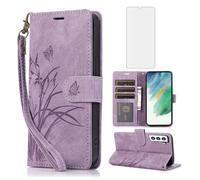 Asuwish Phone Case for Samsung Galaxy S23 5G Wallet Cover with Tempered Glass Screen Protector Wrist Strap Credit Card Holder Flower Stand Slot Cell S 23 23S GS23 G5 SM-S911U 6.1 inch Women Men Purple