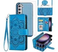 Asuwish Phone Case for Samsung Galaxy S23 5G Zipper Wallet Cell Cover with Tempered Glass Screen Protector Crossbody Lanyard Strap Flower Card Holder S 23 23S GS23 G5 SM-S911U 6.1 inch Women Men Blue
