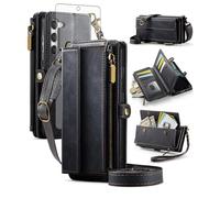 Asuwish Phone Case for Samsung Galaxy S23 5G Zipper Wallet Cover Screen Protector and Crossbody Lanyard Strap Flip RFID Blocking Card Holder Cell S 23 23S GS23 G5 SM-S911U 6.1 inch Women Men Black