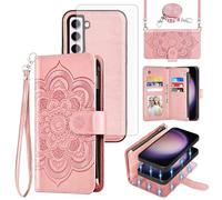 Asuwish Phone Case for Samsung Galaxy S23 5G Zipper Wallet Detachable Cell Cover with Screen Protector Crossbody Lanyard Strap Flower Card Holder S 23 23S GS23 G5 SM-S911U 6.1 inch Women Rose Gold