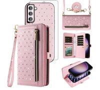 Asuwish Phone Case for Samsung Galaxy S23 5G Zipper Wallet Detachable Cell Cover with Screen Protector Crossbody Strap Bling Flip Credit Card Holder S 23 23S GS23 G5 SM-S911U 6.1 inch Women Girls Pink