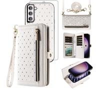 Asuwish Phone Case for Samsung Galaxy S23 5G Zipper Wallet Detachable Cell Cover with Screen Protector Crossbody Strap Bling Flip Credit Card Holder S 23 23S GS23 G5 SM-S911U 6.1 inch Women Men White