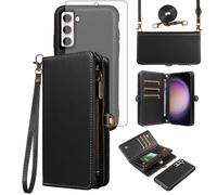 Asuwish Phone Case for Samsung Galaxy S23 5G Zipper Wallet Detachable Cover with Tempered Glass Screen Protector Crossbody Lanyard Strap Flip Card Holder Slot S 23 23S GS23 G5 SM-S911U 6.1 inch Black