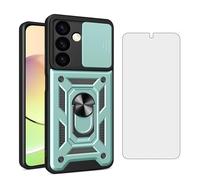 Asuwish Phone Case for Samsung Galaxy S24 5G with Slide Camera Cover and Tempered Glass Screen Protector Hard Stand Ring Holder Hybrid Kickstand Mobile Cell Accessories S 24 24S G5 Women Men Green
