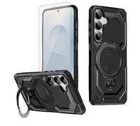 Asuwish Phone Case for Samsung Galaxy S24 FE 5G and Magnetic Ring Holder Kickstand with Tempered Glass Screen Protector Cover Cell Accessories S 24 EF AI S24FE 24S G5 Women Men Carbon Fiber Black