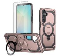 Asuwish Phone Case for Samsung Galaxy S24 FE 5G and Magnetic Ring Holder with Tempered Glass Screen Protector Cover Slim Kickstand Protective Cell Accessories S 24 EF S24FE 24S G5 Women Men Rose Gold
