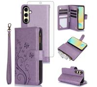 Asuwish Phone Case for Samsung Galaxy S24 FE 5G Wallet Cell Cover with Tempered Glass Screen Protector Wrist Strap Flower Flip Zipper Card Holder Slot Stand S 24 EF AI S24FE 24S Women Girls Purple