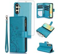 Asuwish Phone Case for Samsung Galaxy S24 FE 5G Wallet Cell Cover with Tempered Glass Screen Protector Wrist Strap Flower Flip Zipper Card Holder Slot Stand S 24 EF AI S24FE 24S Women Girls Blue