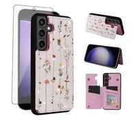 Asuwish Phone Case for Samsung Galaxy S24 FE 5G Wallet Cell Cover with Tempered Glass Screen Protector Luxury Flower Credit Card Holder Slot Stand S 24 EF AI S24FE 24S Women Girls Dried Flower World