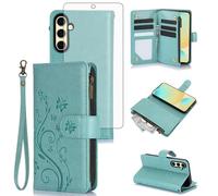 Asuwish Phone Case for Samsung Galaxy S24 FE 5G Wallet Cell Cover with Tempered Glass Screen Protector Wrist Strap Flower Flip Zipper Card Holder Slot Stand S 24 EF AI S24FE 24S Women Girls Green