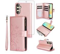 Asuwish Phone Case for Samsung Galaxy S24 FE 5G Wallet Cell Cover with Tempered Glass Screen Protector Wrist Strap Flower Flip Zipper Card Holder Slot Stand S 24 EF AI S24FE 24S Women Girls Rose Gold