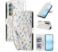 Asuwish Phone Case for Samsung Galaxy S24 FE 5G Wallet Cell Flip Cover with Tempered Glass Screen Protector Flower Card Holder Slot Stand Rubber S 24 EF AI S24FE 24S Women Men A flower
