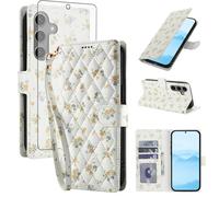 Asuwish Phone Case for Samsung Galaxy S24 FE 5G Wallet Cell Flip Cover with Tempered Glass Screen Protector Flower Card Holder Slot Stand Rubber S 24 EF AI S24FE 24S Women Men Yellow Flowers