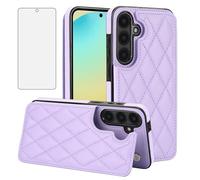 Asuwish Phone Case for Samsung Galaxy S24 FE 5G Wallet Cover with Tempered Glass Screen Protector and RFID Credit Flip Card Holder Rugged Stand Cell Accessories S 24 EF AI S24FE 24S Women Men Purple
