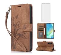 Asuwish Phone Case for Samsung Galaxy S24 FE 5G Wallet Cover with Tempered Glass Screen Protector Wrist Strap Credit Card Holder Flip Flower Stand Slot Cell Folio S 24 EF AI S24FE 24S Women Men Brown