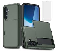 Asuwish Phone Case for Samsung Galaxy S24 FE 5G with Tempered Glass Screen Protector Cover and Accessories Card Holder Slot Cell Slim Silicone TPU Protective S 24 EF AI S24FE 24S Women Men Army Green