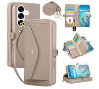 Asuwish Phone Case for Samsung Galaxy S24 FE 5G Zipper Wallet Cell Cover with Screen Protector Crossbody Shoulder Strap Makeup Mirror Flip Credit Cash Card Holder S 24 EF AI S24FE 24S 24FE Women Khaki