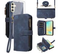 Asuwish Phone Case for Samsung Galaxy S24 FE 5G Zipper Wallet Cell Cover with Tempered Glass Screen Protector Crossbody Wrist Strap Flip Credit Card Holder Slot S 24 EF AI S24FE 24S Women Men Blue