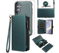 Asuwish Phone Case for Samsung Galaxy S24 Plus S24+ 5G Zipper Wallet Detachable Cell Cover with Screen Protector Crossbody Lanyard Strap Flip Card Holder Slot S24plus 24S + S 24 24+ 6.7 Dark Green