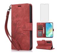 Asuwish Phone Case for Samsung Galaxy S24/S25 5G Wallet Cover with Tempered Glass Screen Protector Wrist Strap Credit Card Holder Flip Flower Stand Slot Cell S 24 24S 25 25S G5 SM-S931U Women Men Red