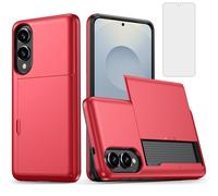 Asuwish Phone Case for Samsung Galaxy S25 Edge with Tempered Glass Screen Protector Cover and Card Holder Slot Cell Accessories Silicone Slim Protective S25Edge 25S S 25 25Edge 5G Women Men Red